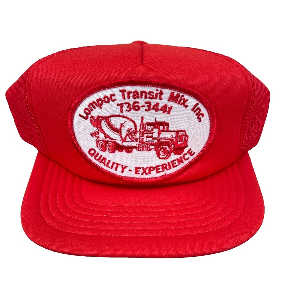 Vintage Trucking Trucker Hat Cap 90s Cement Truck Lompoc Transit Patch Red Mesh